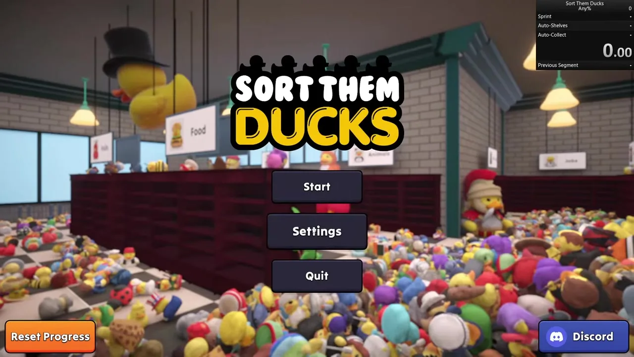 Sort Them Ducks title screen with Food, Animals, and Jobs shelves and an Any% timer overlay