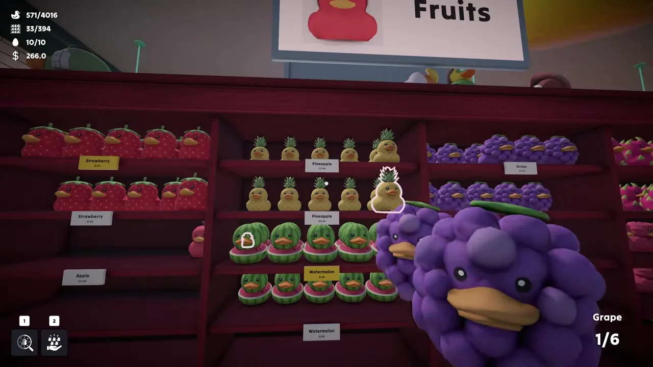 Sort Them Ducks Fruits shelf with grape, pineapple, and watermelon ducks labeled